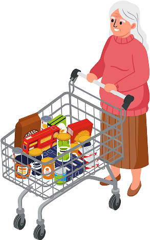 Señora con carrito en la sección desayuno