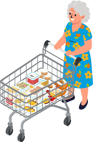 Señora con carrito en la zona de promoción desayuno