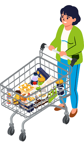 Señora con carrito de compras de lácteos